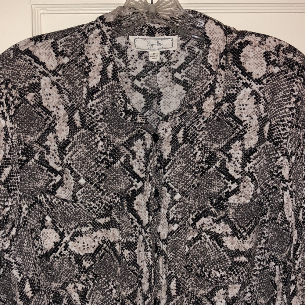 Hippie Rose Snake Reptile Print Utility Roll-Tab Shirt Blouse Top Black White S - Picture 8 of 11